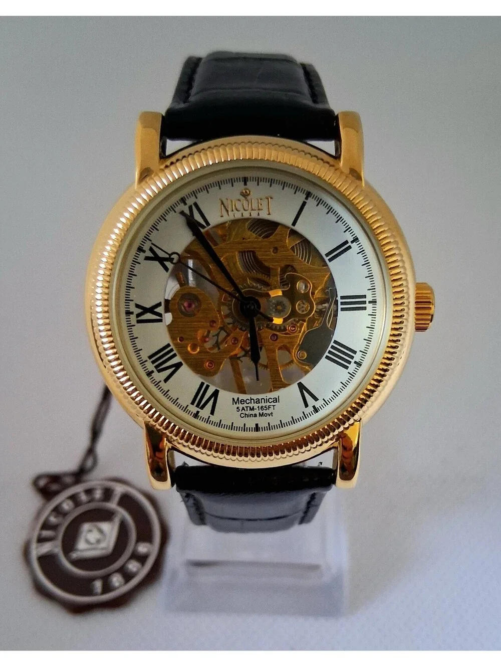 NEW in Box RARE Nicolet 1886 NT322122 Skeleton Mechanical Men's Leather Watch